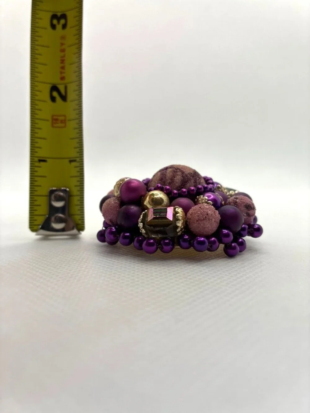 Vtg Japan Purple Brooch Sugar Beads Gold Accents & Faux Gemstones 2 In Diameter